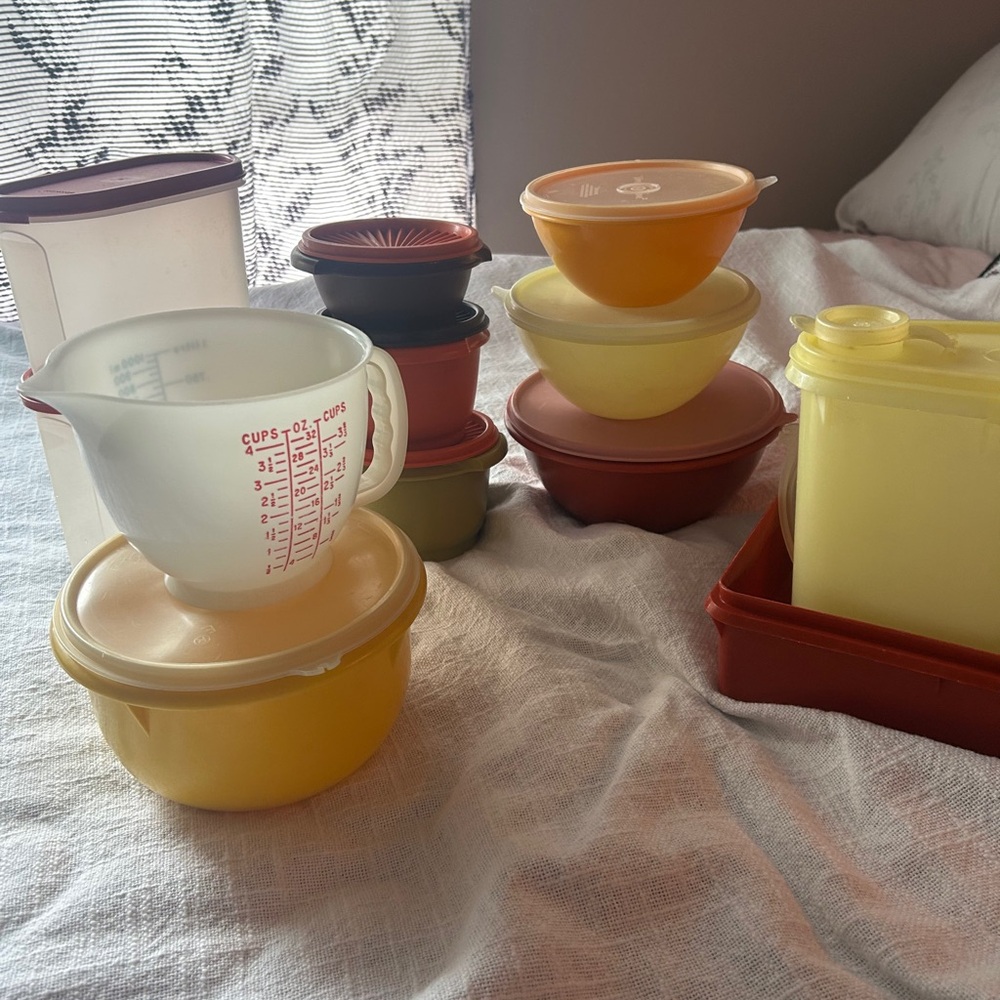 12 pc Vintage Tupperware Set with Red, Yellow, and Cream